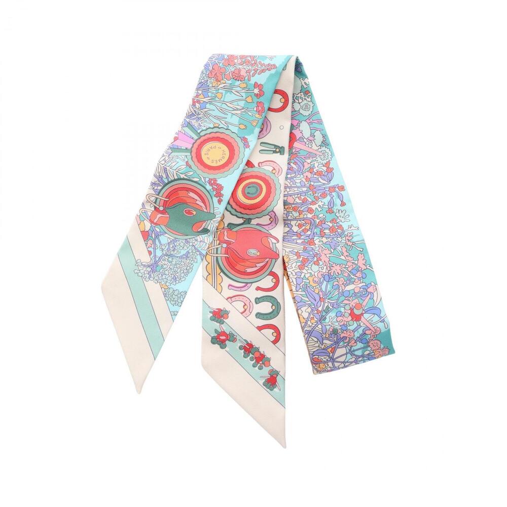 Hermes Twilly Pony Pit Stop Ribbon Scarf Muffler Silk Women's Ivory Multicolor